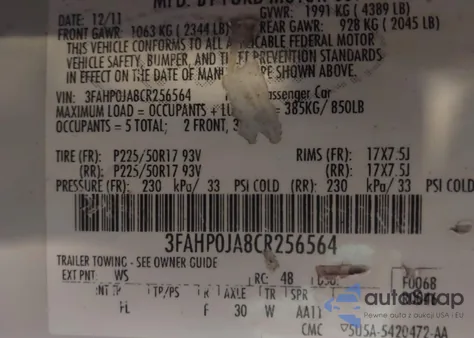 2012 Ford Fusion Sel из США, поврежденный, VIN 3FAHP0JA8CR256564